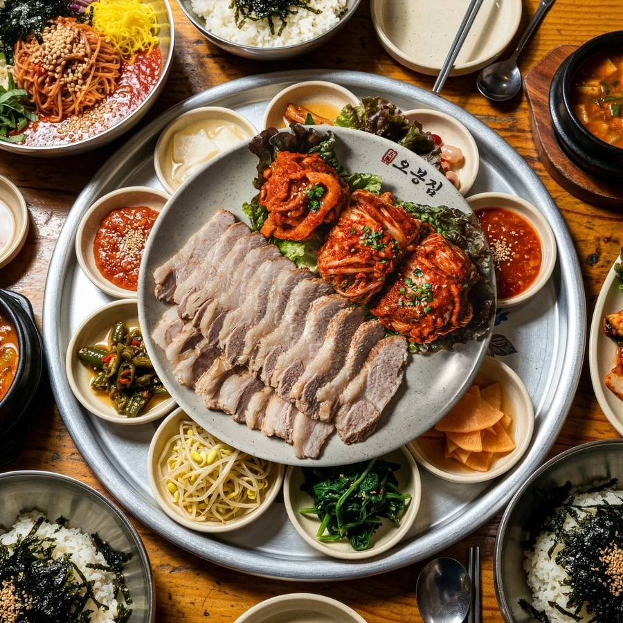 은색 쟁반 위에 수육 보쌈과 김치 속, 반찬이 한 상 가득 차려진 오봉집 보쌈 한상